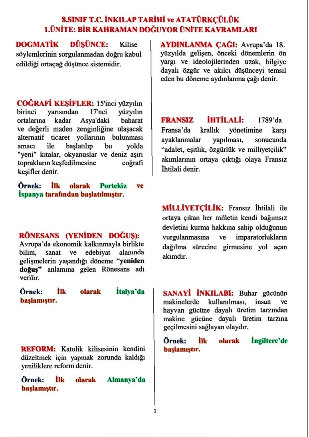 # 8.SINIF T.C. İNKILAP TARİHİ ve ATATÜRKÇÜLÜK
# 1.ÜNİTE: BİR KAHRAMAN DOĞUYOR ÜNİTE KAVRAMLARI
**DOGMATİK DÜŞÜNCE:** Kilise
söylemlerinin s