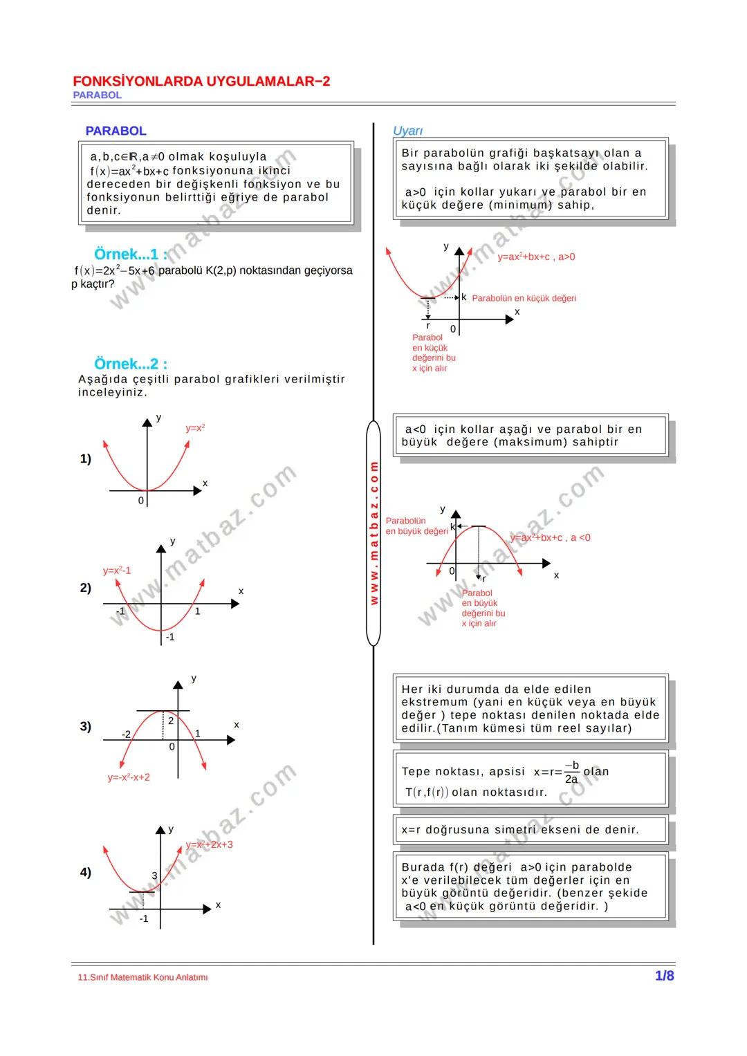 FONKSİYONLARDA UYGULAMALAR-2
PARABOL
PARABOL
a,b,cer,a≠0 olmak koşuluyla
f(x)=ax²+bx+c fonksiyonuna ikinci
dereceden bir değişkenli fonksiy