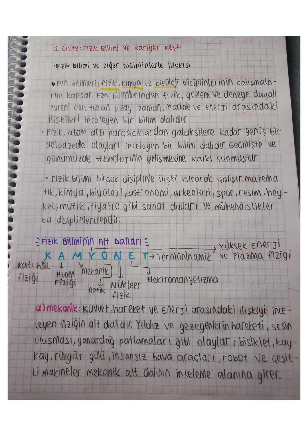 # 1. ünite: Fizik Bilimi ve kariyer keşfi
* Fizik Bilimi ve Diğer Disiplinlerle ilişkisi
* fen bilimleri; fizik, kimya ve biyoloji dis
