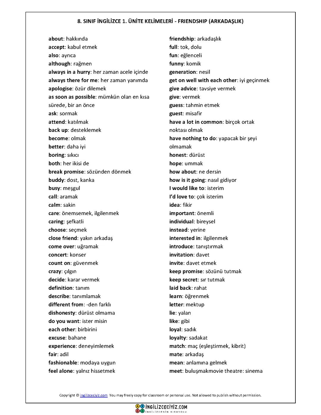 8. Sınıf ingilizce 1. Ünite friendship !arkadaşlık!