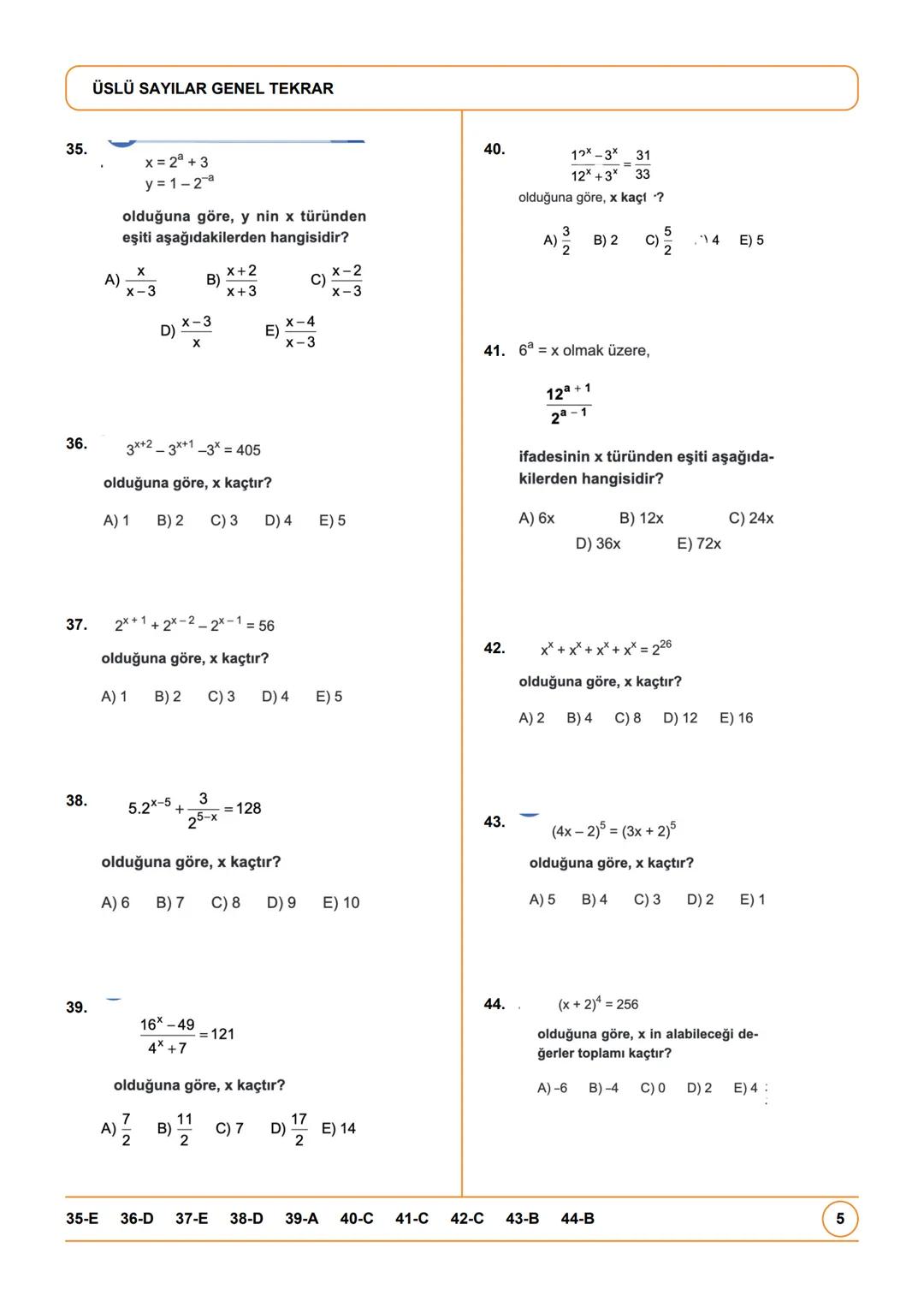 # ÜSLÜ SAYILAR GENEL TEKRAR
1.
$
\frac{3^2+(-2)^3}{(-1)^6+2^2}
$
işleminin sonucu kaçtır?
A)- $\frac{1}{5}$ B)-1 C) $\frac{17}{5}$ D) 1