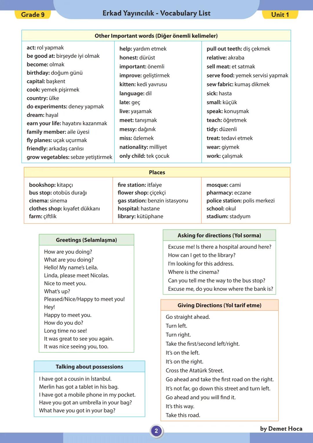 Grade 9
Erkad Yayıncılık - Vocabulary List
Unit 1
Family Members (Aile Bireyleri)
aunt: hala/teyze
brother: erkek kardeş
cousin: kuzen
daugh