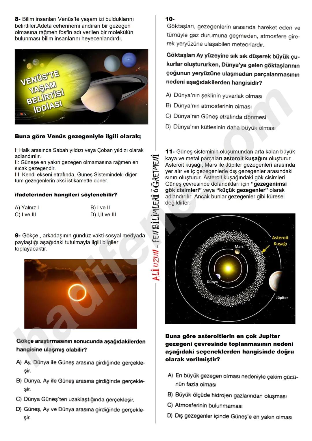 # 6.SINIF 1.UNITE
GÜNEŞ SİSTEMİ
# KONU DEĞERLENDİRME TESTİ
TEST-1
www.hadifene.com
1- Bir öğrenci Güneşe uzaklıklarına göre sırasıyla
gez