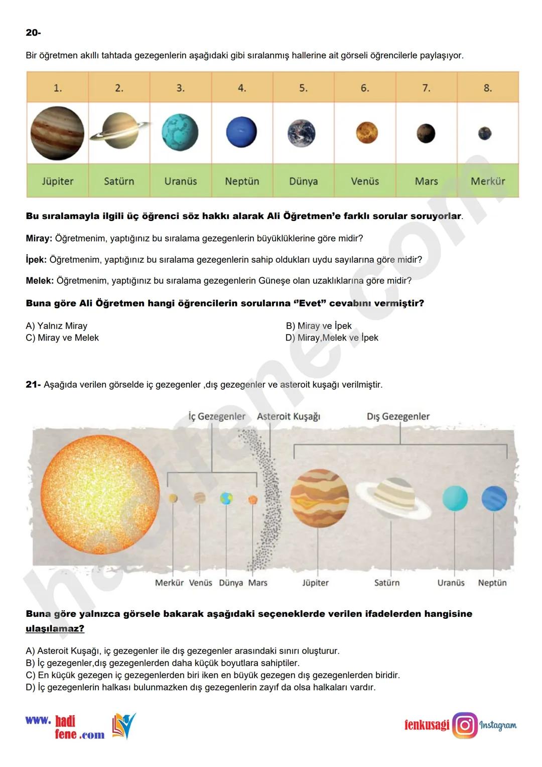 # 6.SINIF 1.UNITE
GÜNEŞ SİSTEMİ
# KONU DEĞERLENDİRME TESTİ
TEST-1
www.hadifene.com
1- Bir öğrenci Güneşe uzaklıklarına göre sırasıyla
gez