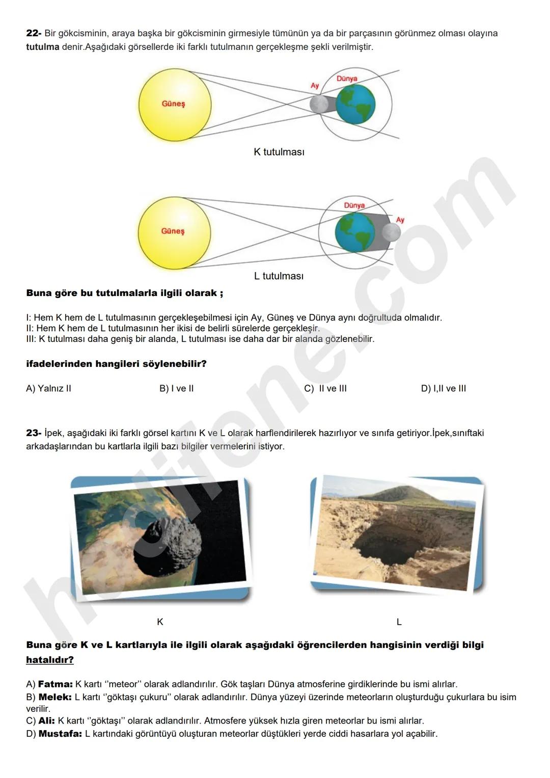 # 6.SINIF 1.UNITE
GÜNEŞ SİSTEMİ
# KONU DEĞERLENDİRME TESTİ
TEST-1
www.hadifene.com
1- Bir öğrenci Güneşe uzaklıklarına göre sırasıyla
gez