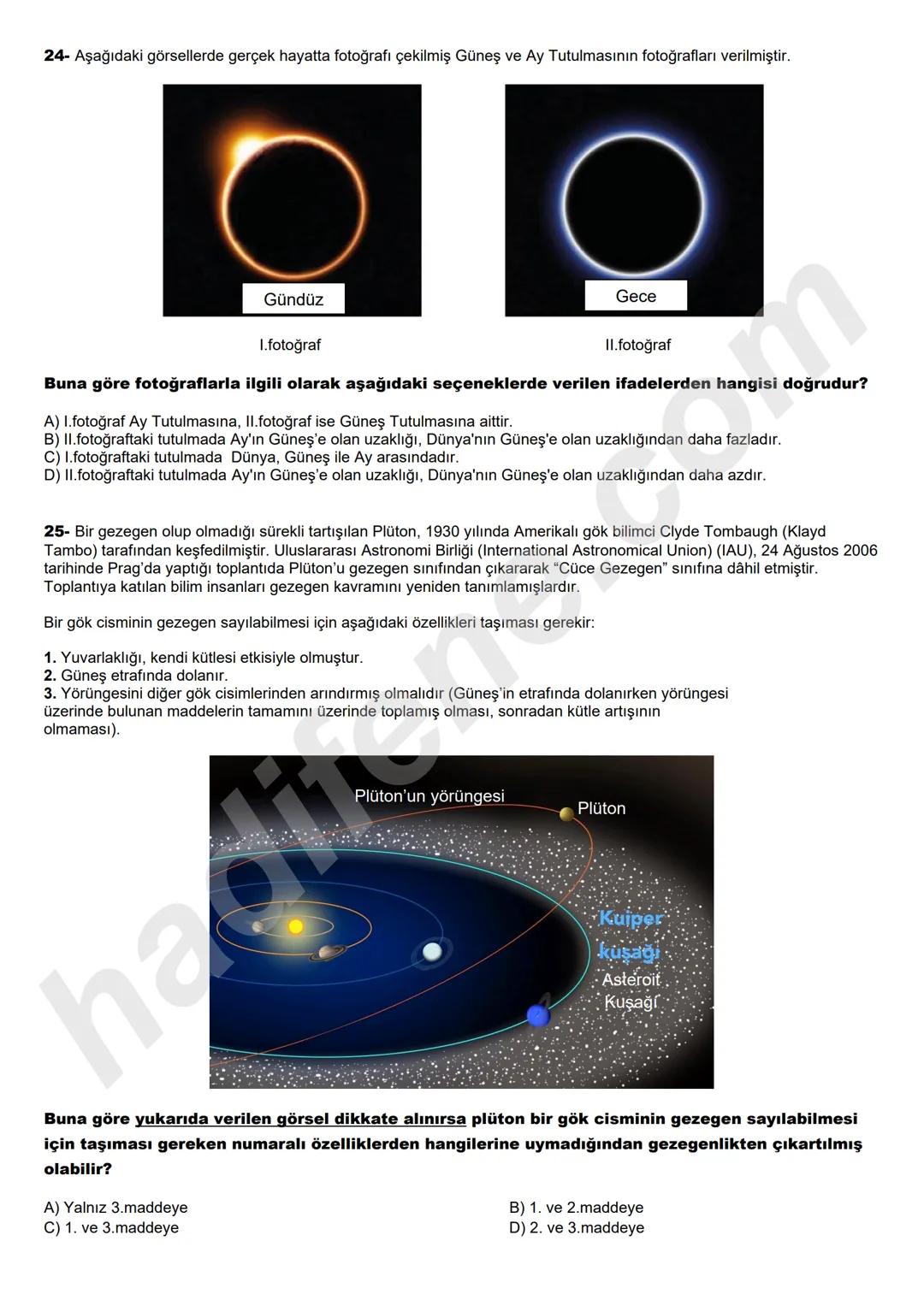 # 6.SINIF 1.UNITE
GÜNEŞ SİSTEMİ
# KONU DEĞERLENDİRME TESTİ
TEST-1
www.hadifene.com
1- Bir öğrenci Güneşe uzaklıklarına göre sırasıyla
gez