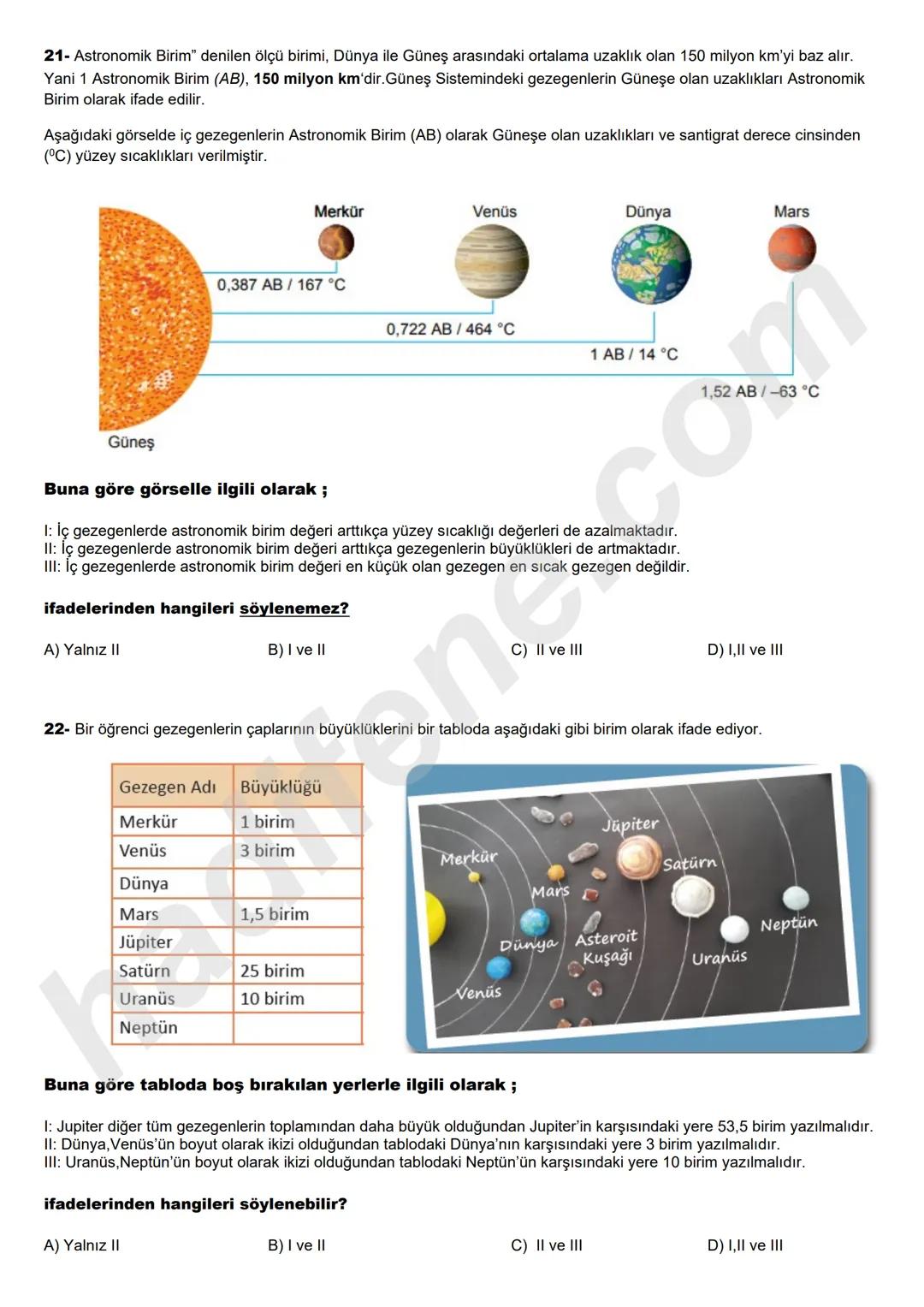 # 6.SINIF 1.UNITE
GÜNEŞ SİSTEMİ
# KONU DEĞERLENDİRME TESTİ
TEST-1
www.hadifene.com
1- Bir öğrenci Güneşe uzaklıklarına göre sırasıyla
gez