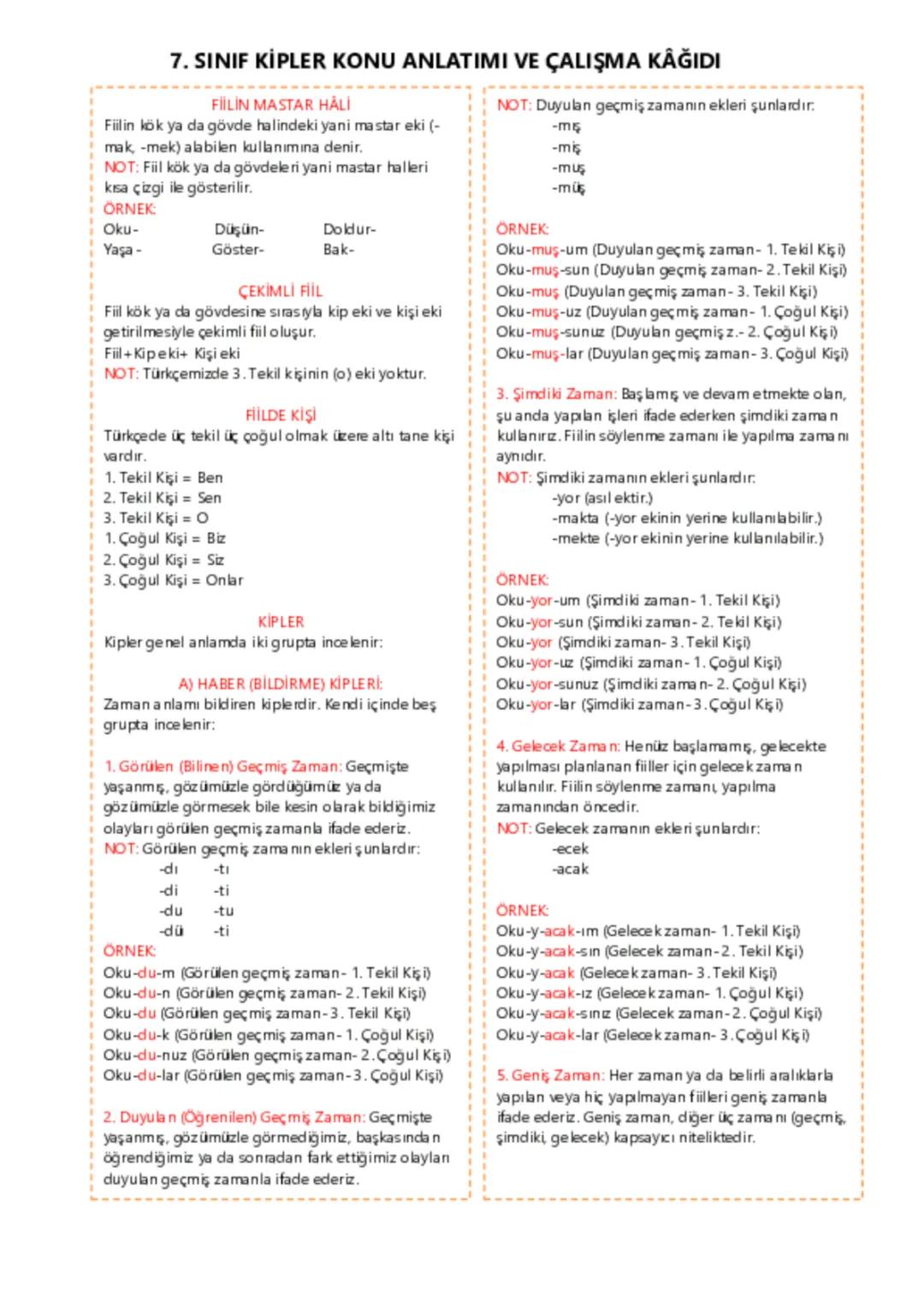 # 7. SINIF KİPLER KONU ANLATIMI VE ÇALIŞMA KAĞIDI
FİİLİN MASTAR HALİ
Fiilin kök ya da gövde halindeki yani mastar eki (-
mak, -mek) alabile