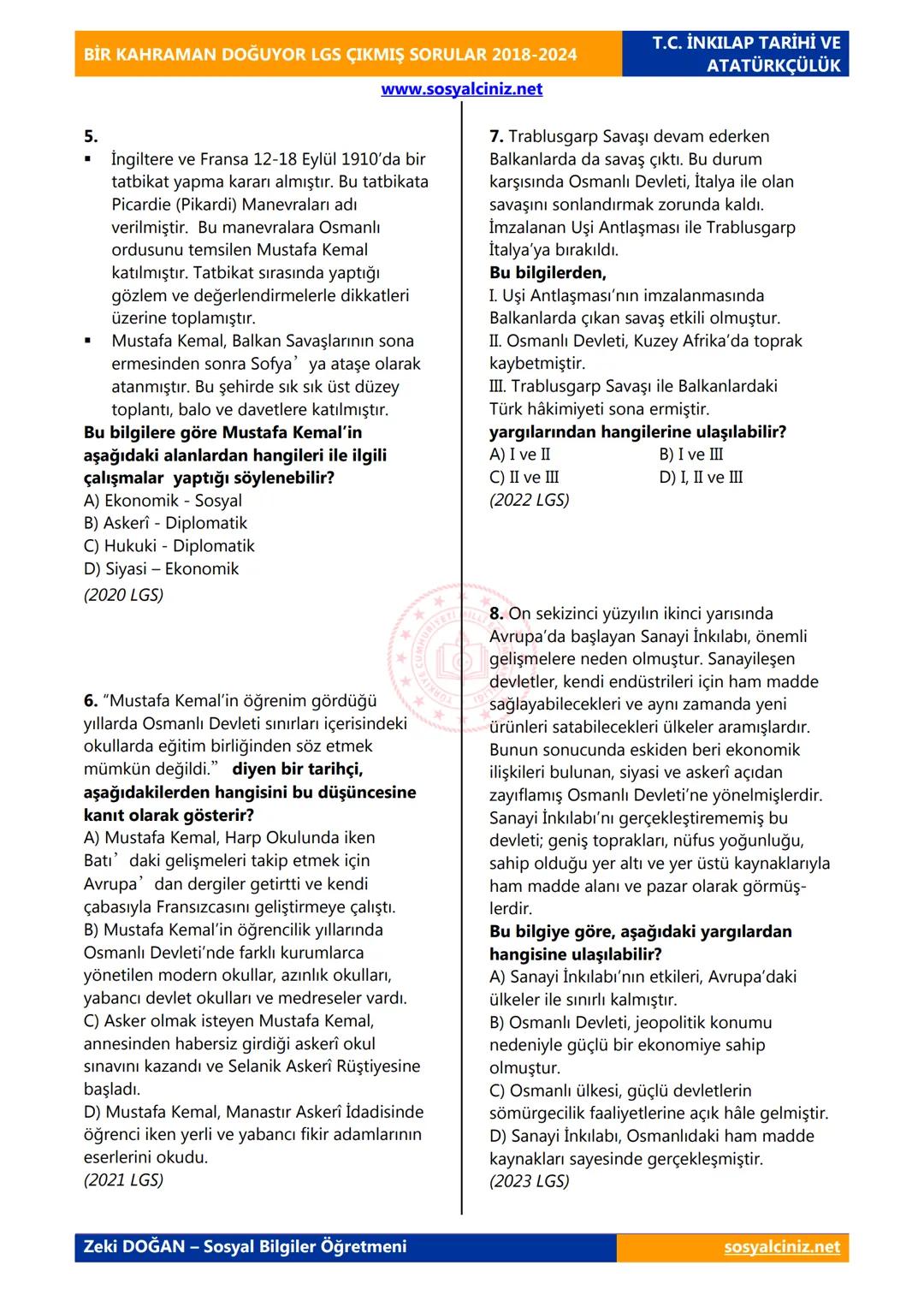 # BİR KAHRAMAN DOĞUYOR LGS ÇIKMIŞ SORULAR 2018-2024
T.C. İNKILAP TARİHİ VE
ATATÜRKÇÜLÜK
www.sosyalciniz.net
1. Manastır Askerî İdadi yıll
