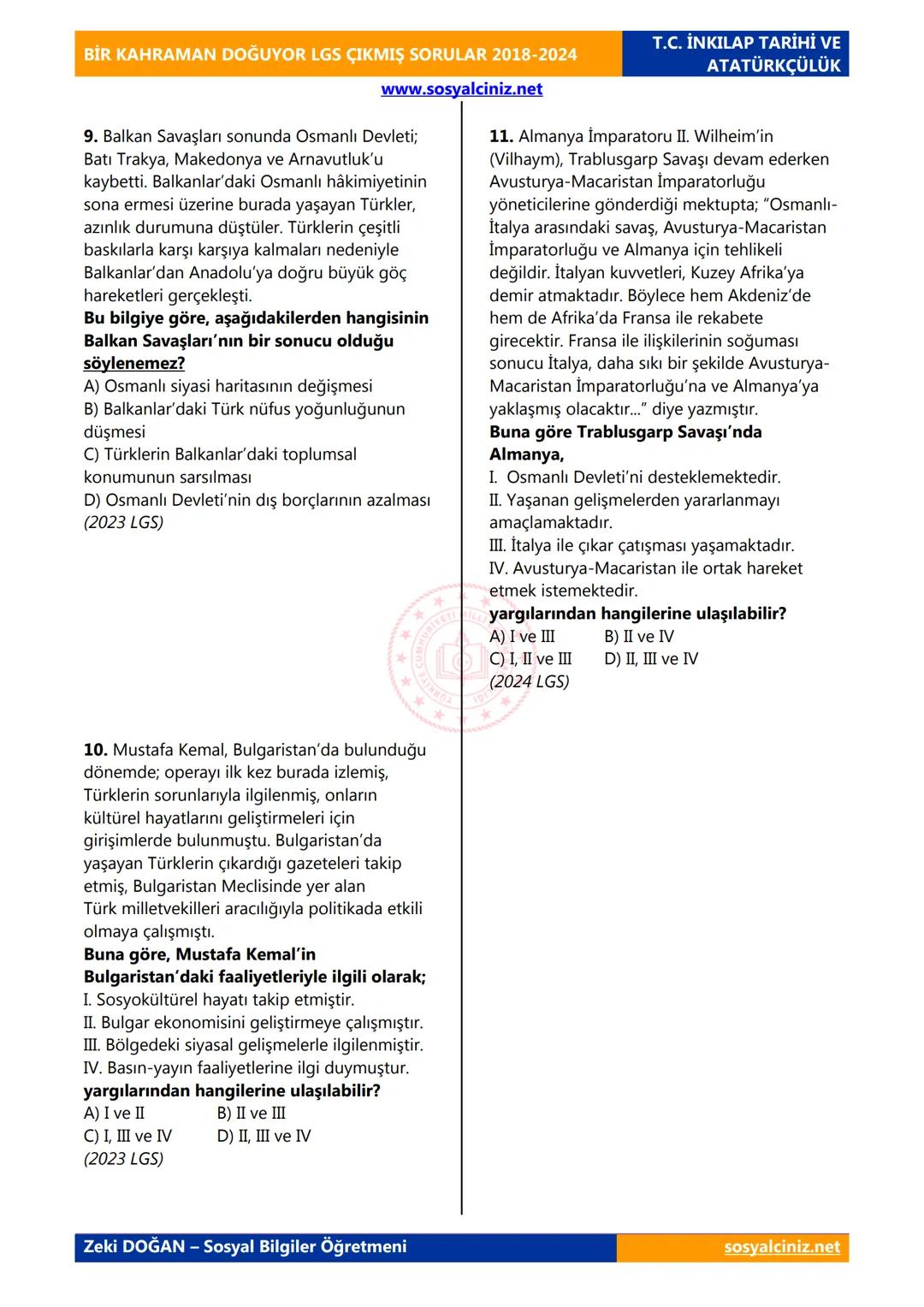 # BİR KAHRAMAN DOĞUYOR LGS ÇIKMIŞ SORULAR 2018-2024
T.C. İNKILAP TARİHİ VE
ATATÜRKÇÜLÜK
www.sosyalciniz.net
1. Manastır Askerî İdadi yıll