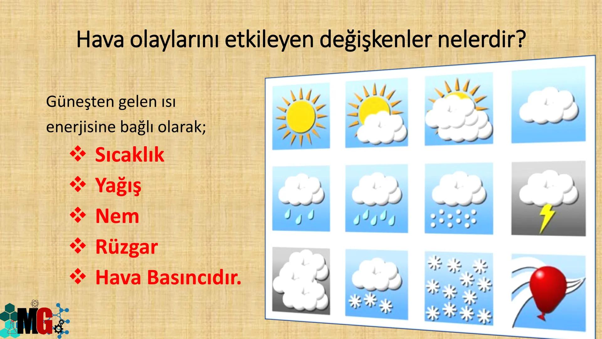 İKLİM VE HAVA HAREKETLERİ
HAZIRLAYAN: MURAT GÜRBÜZ
*MG A. HAVA OLAYLARI
• Atmosferde meydana gelen değişmelere hava olayları denir.
.
Havada