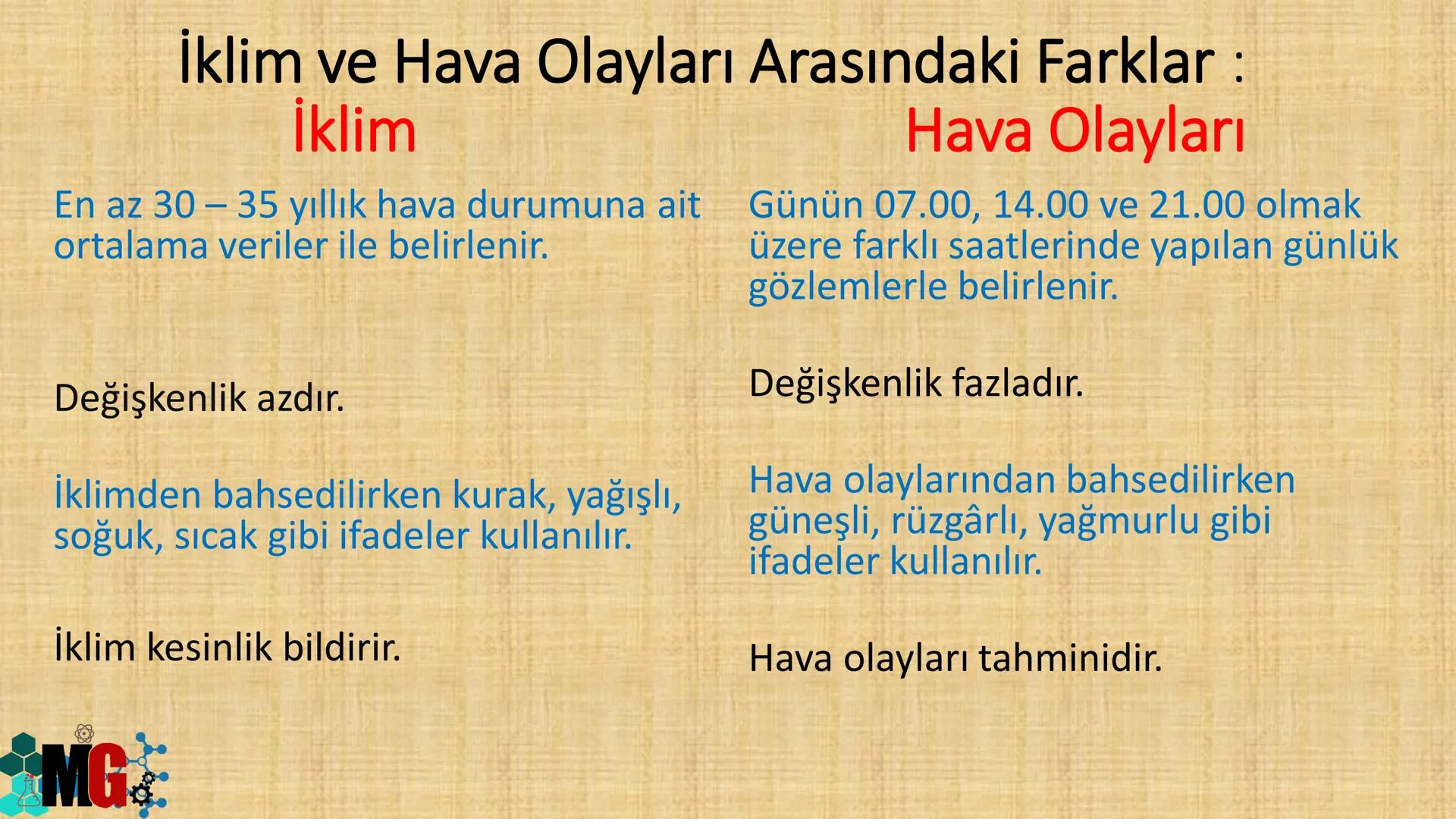 İKLİM VE HAVA HAREKETLERİ
HAZIRLAYAN: MURAT GÜRBÜZ
*MG A. HAVA OLAYLARI
• Atmosferde meydana gelen değişmelere hava olayları denir.
.
Havada