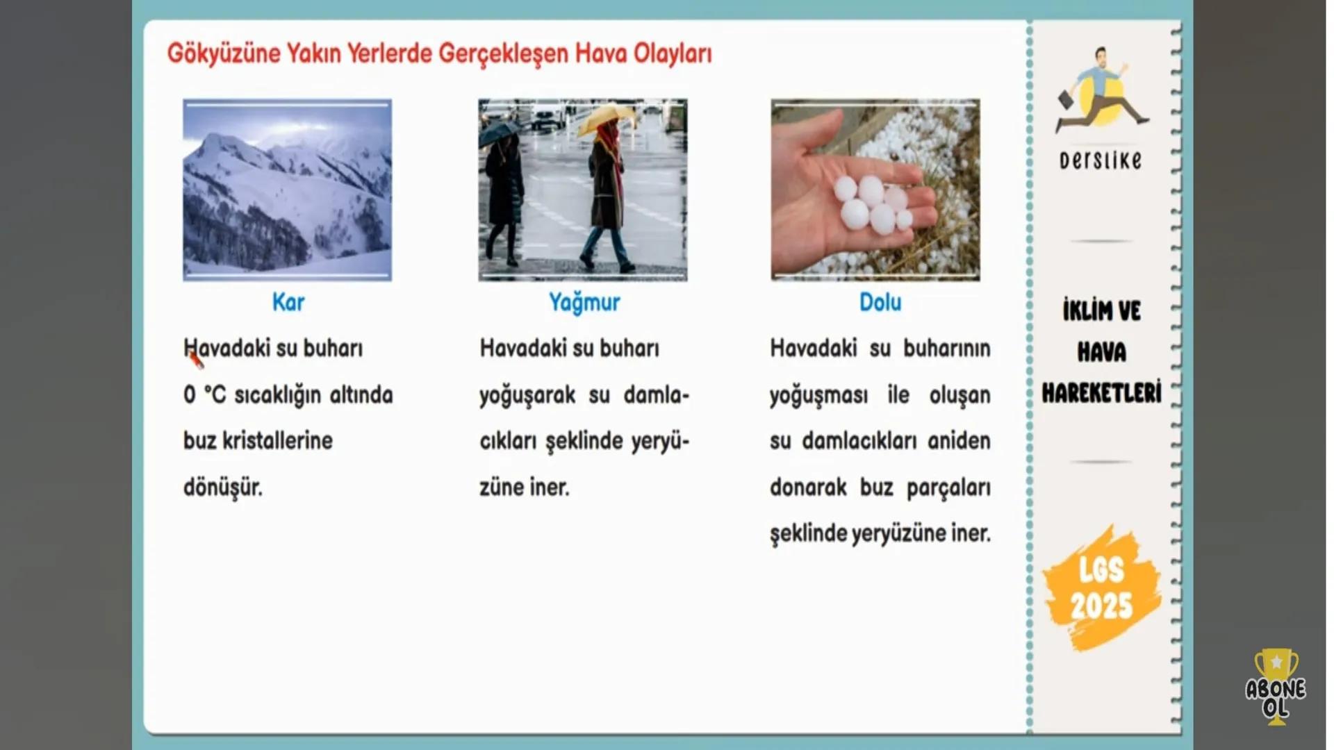 Hava Olayları
Dar bir bölgede ...............süreli etkili olan hava koşullarıdır.
Bulutlu, sisli, yağmurlu ve güneşli gibi ifadeler kullanı