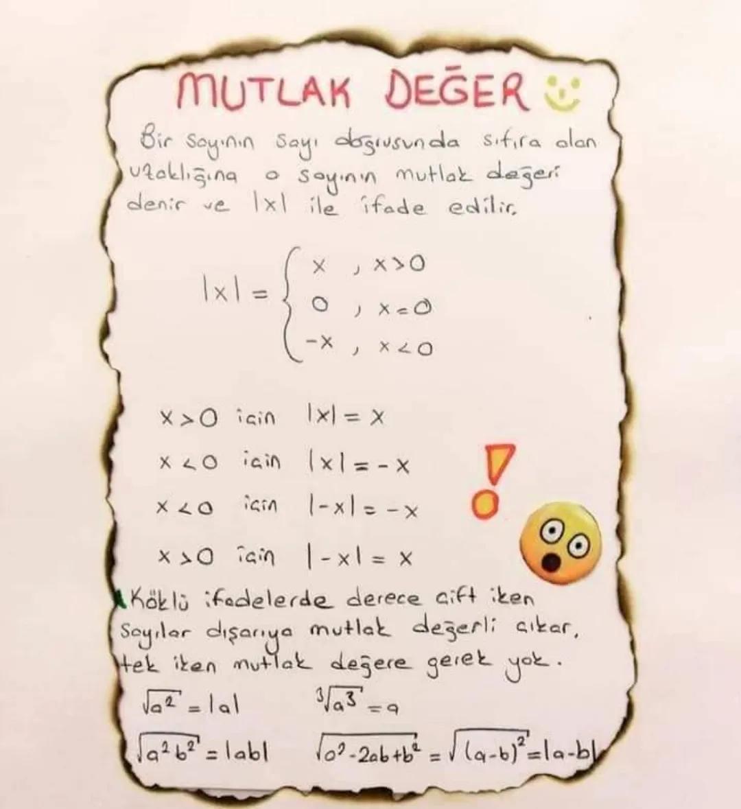 # MUTLAK DEĞER
Bir sayının sayı doğrusunda sıfıra alan
0 sayının mutlak değeri
uzaklığına
denir ve Ixl ile ifade edilir.
1x1 = $\begin{cas