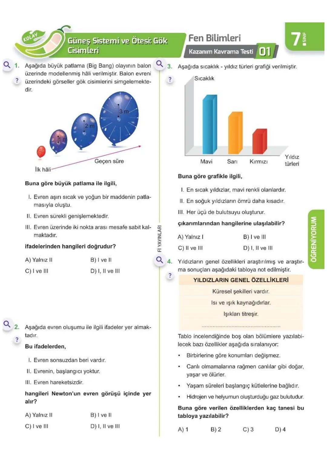 1. ÜNİTE
Uzay
Araştırmaları
7- L SINIFI ÜNİTE BİTİRME ÇALIŞMASI
Kolay
Orta
Zor
0 ÖĞRENİYORUM
?
71
Fen Bilimleri
01 Kazanım Kavrama Testi
Q1.