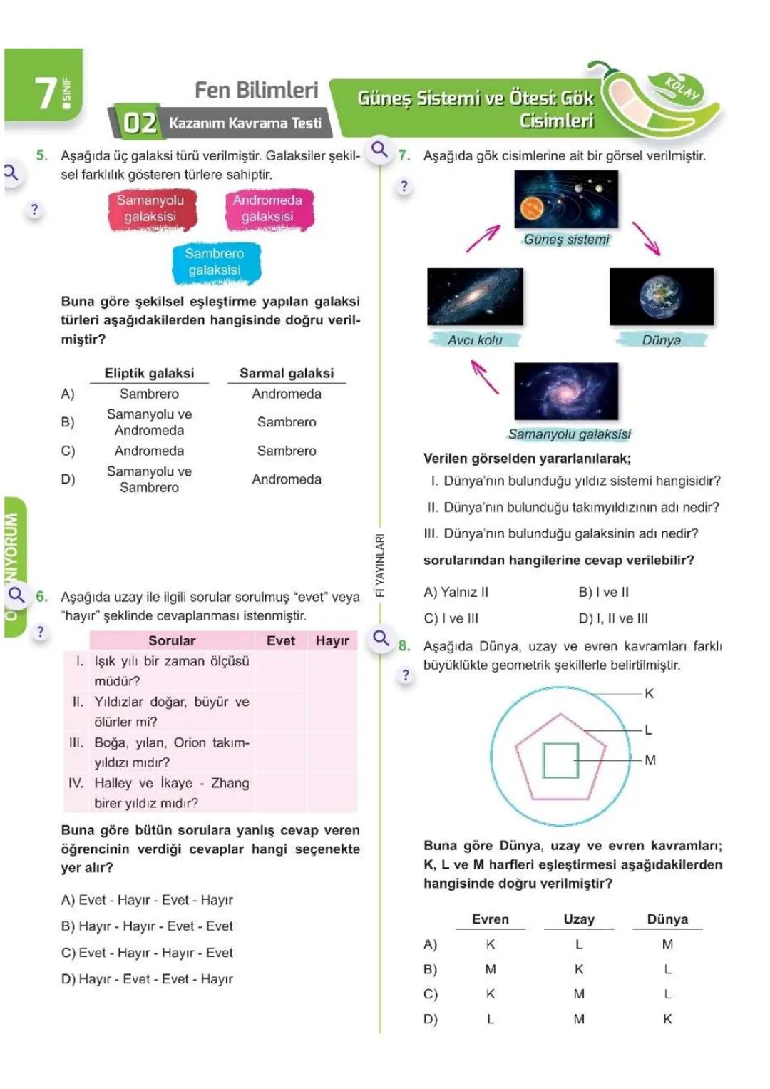 1. ÜNİTE
Uzay
Araştırmaları
7- L SINIFI ÜNİTE BİTİRME ÇALIŞMASI
Kolay
Orta
Zor
0 ÖĞRENİYORUM
?
71
Fen Bilimleri
01 Kazanım Kavrama Testi
Q1.