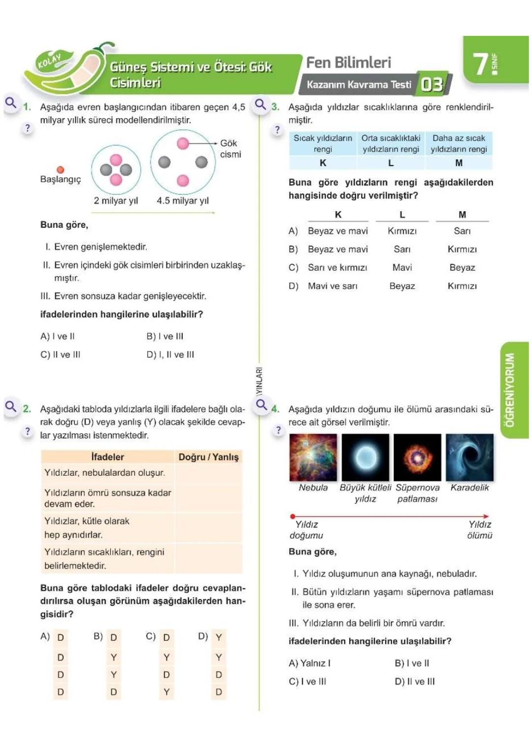 1. ÜNİTE
Uzay
Araştırmaları
7- L SINIFI ÜNİTE BİTİRME ÇALIŞMASI
Kolay
Orta
Zor
0 ÖĞRENİYORUM
?
71
Fen Bilimleri
01 Kazanım Kavrama Testi
Q1.