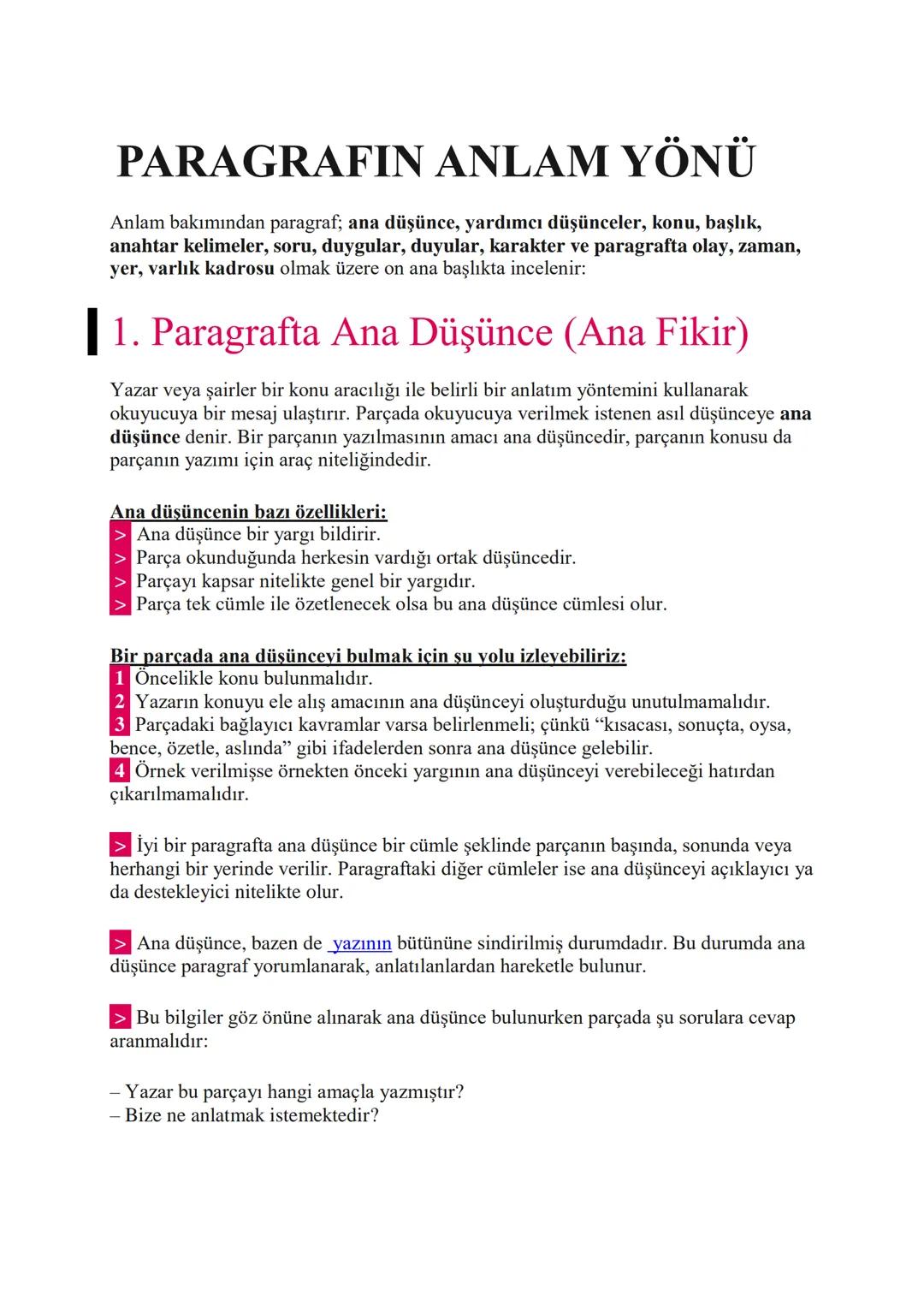 # PARAGRAFIN ANLAM YÖNÜ
Anlam bakımından paragraf; ana düşünce, yardımcı düşünceler, konu, başlık,
anahtar kelimeler, soru, duygular, duyul
