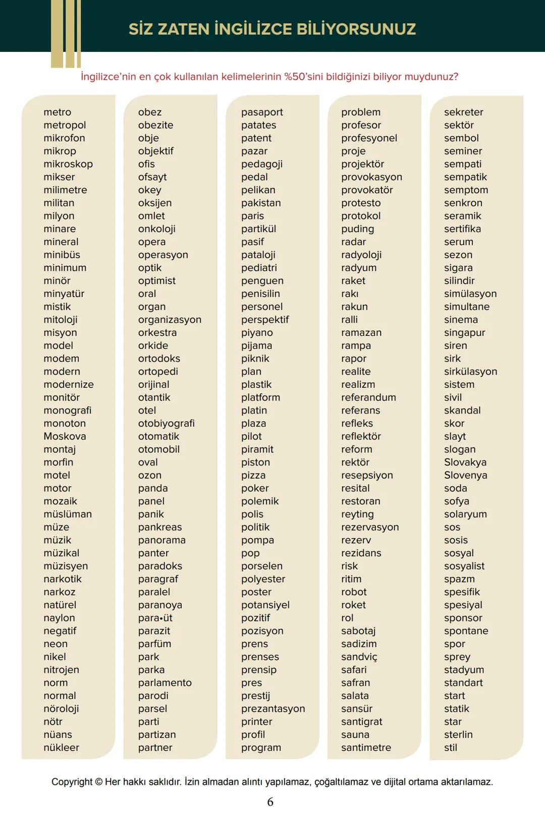 228
İNGİLİZCE'DEKİ EN ÖNEMLİ 1000 KELİME
1
accountant
2. afraid
3. age
4. airplane
5. alone
6. angry
7. animal
8 . answer
9. architect
10. a