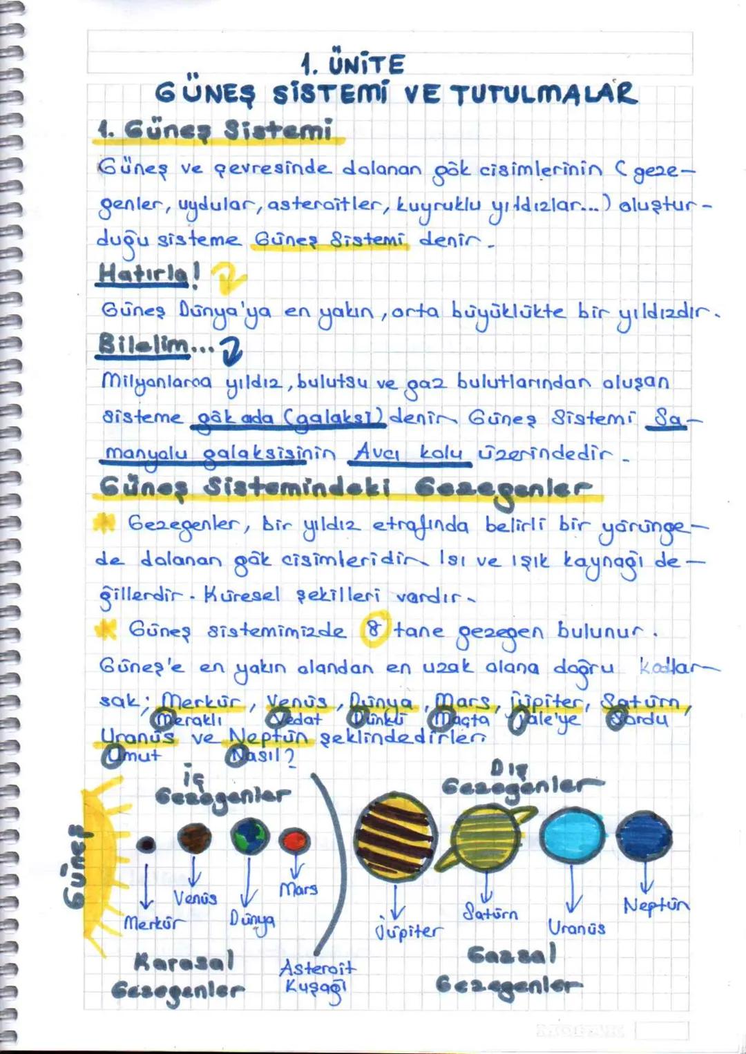 1. UNITE
GÜNEŞ SISTEMI VE TUTULMALAR
4. Güneş Sistemi
Güneş ve çevresinde dolanan gök cisimlerinin ( geze-
genler, uydular, asteroitler, kuy