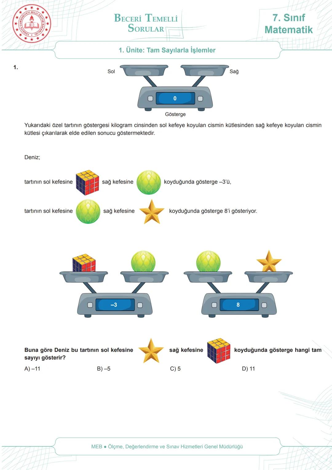 *
AURIYE
+
1.
*
ILLI EGIT
BAKANLIGI
BECERİ TEMELLİ
SORULAR
1. Ünite: Tam Sayılarla İşlemler
Sol
Sağ
7. Sınıf
Matematik
Gösterge
Yukarıdaki ö