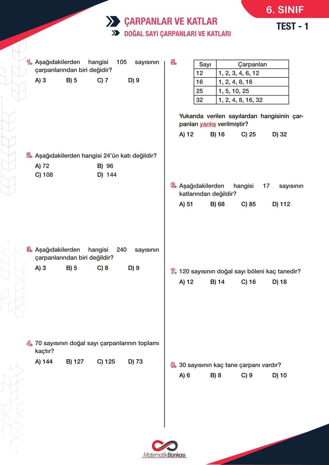 >> ÇARPANLAR VE KATLAR
>> DOĞAL SAYI ÇARPANLARI VE KATLARI
6. SINIF
TEST - 1
1. Aşağıdakilerden hangisi 105 sayısının 5.
çarpanlarından bi