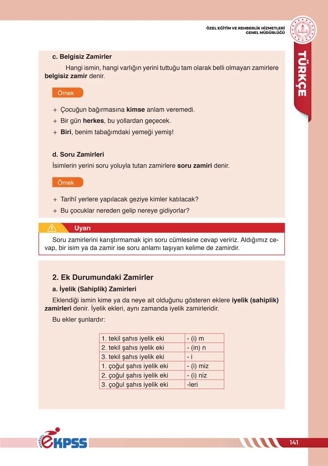 ZAMİRLER (ADIL)
ÖZEL EĞİTİM VE REHBERLİK HİZMETLERİ
GENEL MÜDÜRLÜĞÜ
TÜRKÇE
İsimlerin yerini tutabilen ve onların yerine kullanılabilen ke
