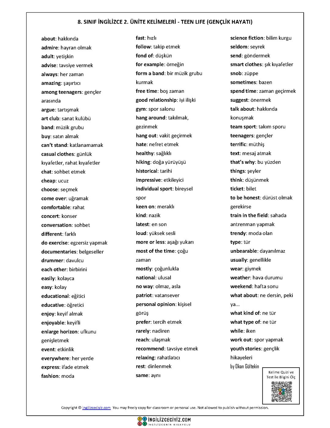 8. Sınıf İngilizce teen life