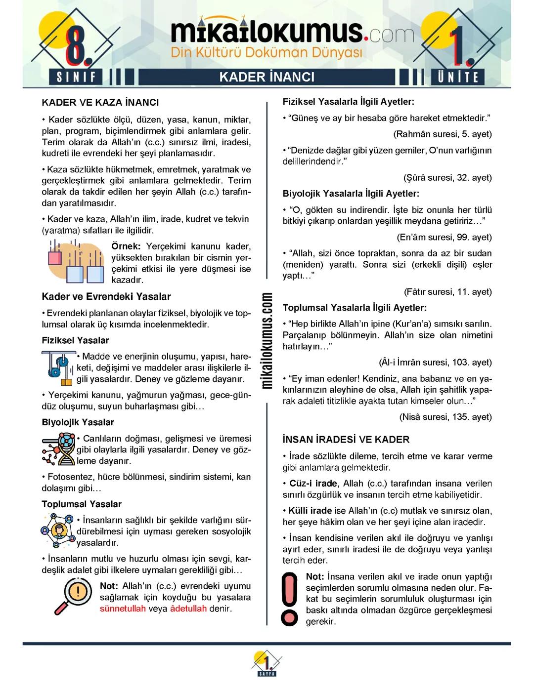 8. Sınıf din kültürü kaza ve kader kavramıyla ilgili çalışma kağıdı