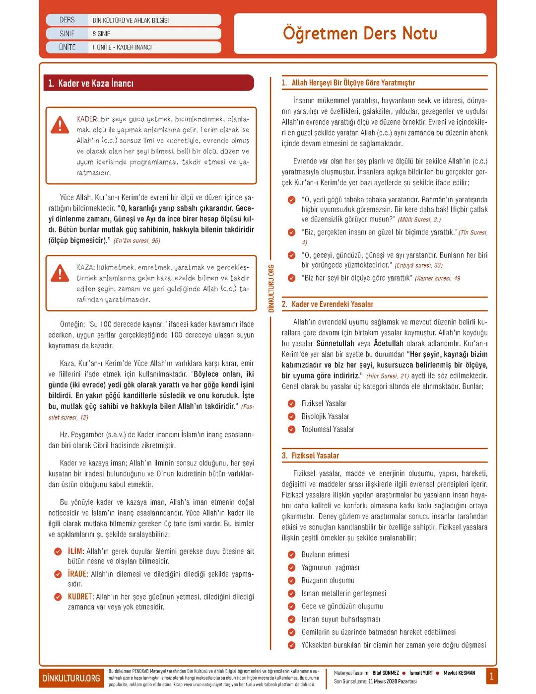 8 . Sınıf Din kültürü ve ahlak bilgisi 1. Ünite kader ve kaza