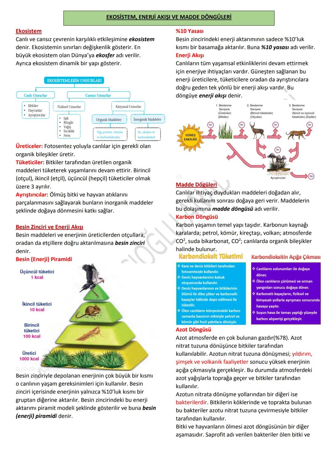 Ekosistem
# EKOSİSTEM, ENERJİ AKIŞI VE MADDE DÖNGÜLERİ
Canlı ve cansız çevrenin karşılıklı etkileşimine ekosistem
denir. Ekosistemin sınırla