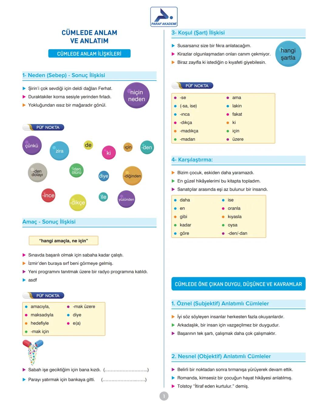 CÜMLEDE ANLAM
VE ANLATIM
CÜMLEDE ANLAM İLİŞKİLERİ
1- Neden (Sebep) - Sonuç İlişkisi
► Şirin'i çok sevdiği için deldi dağları Ferhat.
▸ Durak