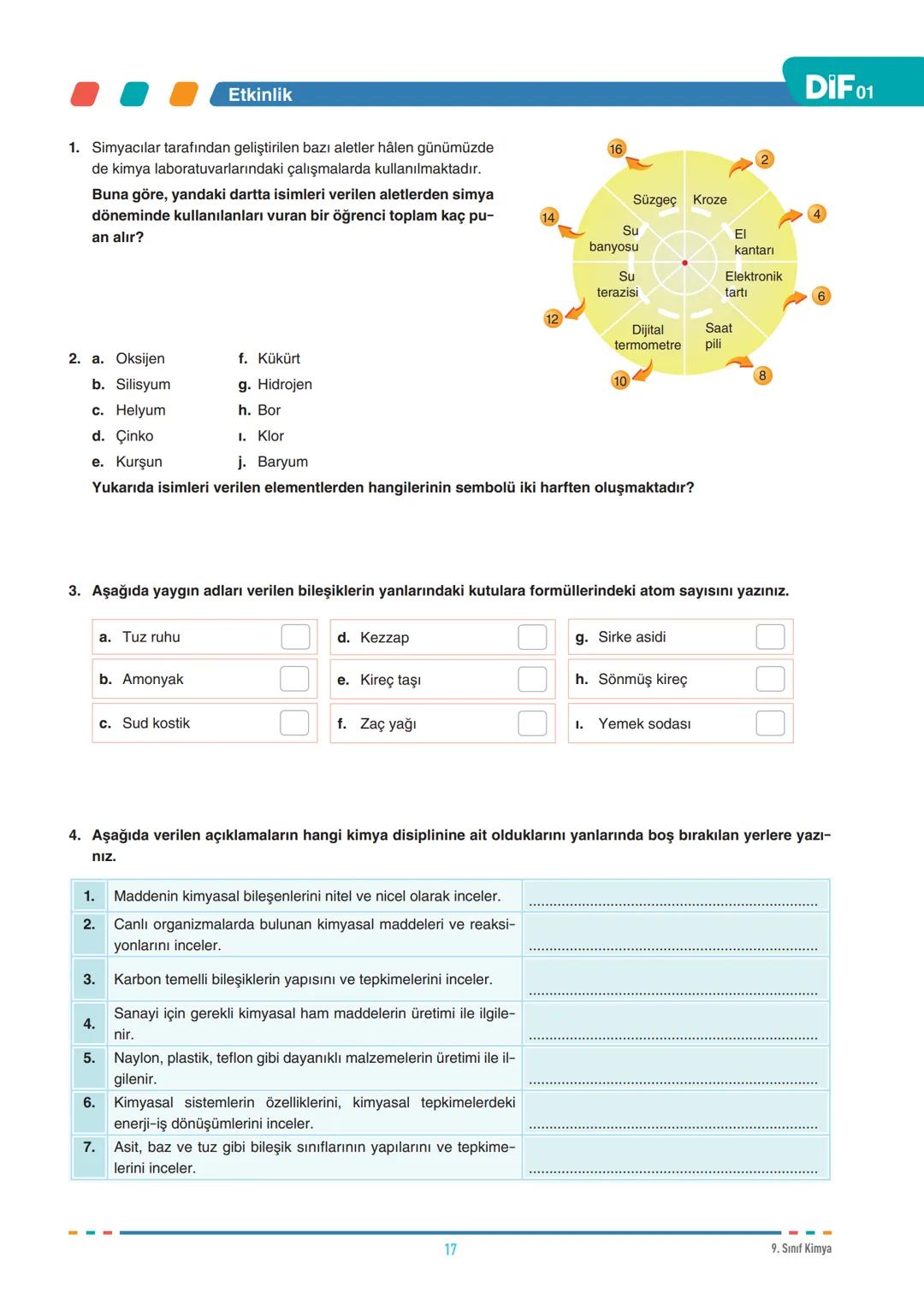 DIF
KİMYA
SİMYADAN KİMYAYA
FÖY
01
9.1.1.1. Kimyanın bilim olma sürecini açıklar.
9.1.2.1. Kimyanın ve kimyacıların başlıca çalışma alanl
