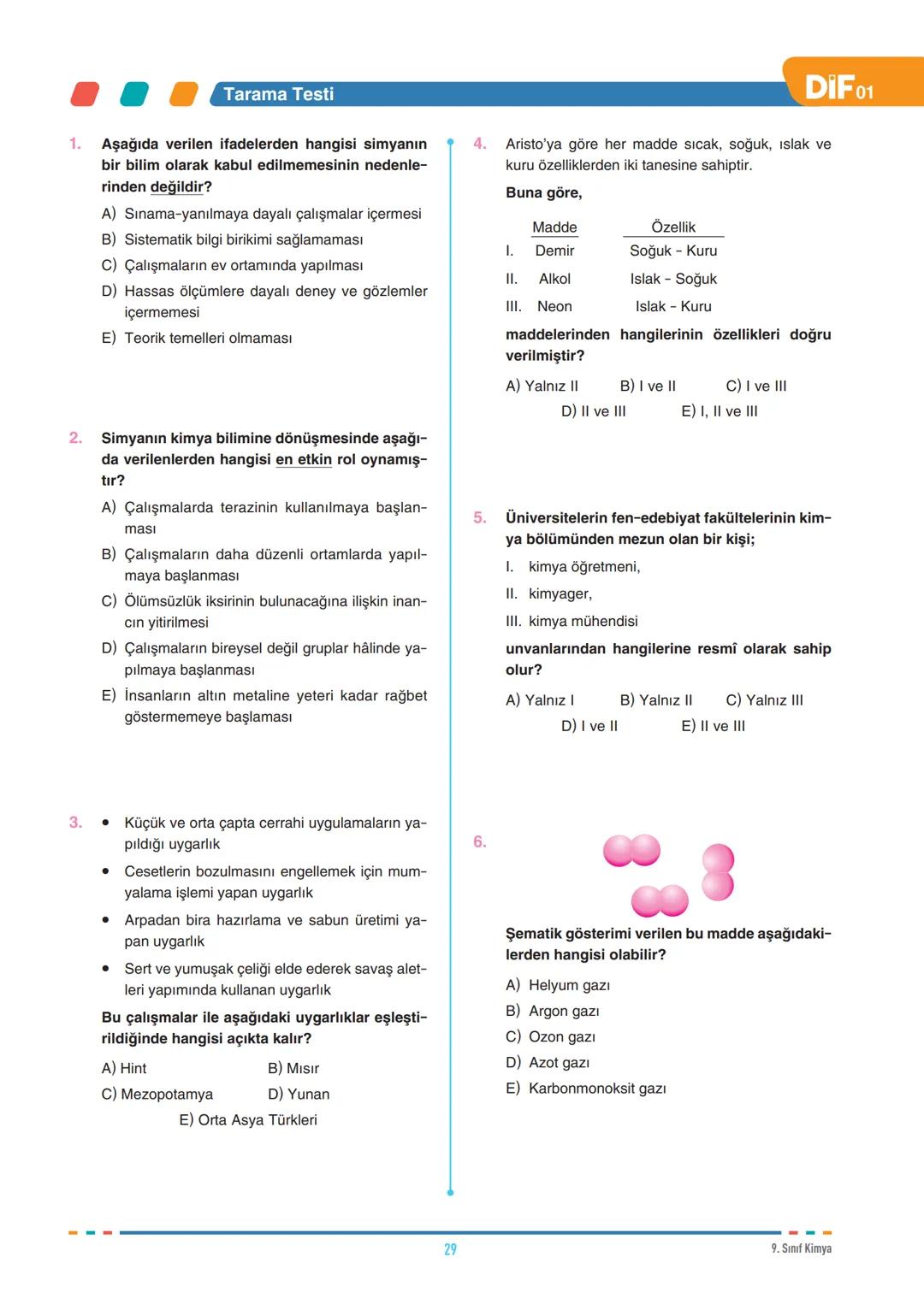 DIF
KİMYA
SİMYADAN KİMYAYA
FÖY
01
9.1.1.1. Kimyanın bilim olma sürecini açıklar.
9.1.2.1. Kimyanın ve kimyacıların başlıca çalışma alanl