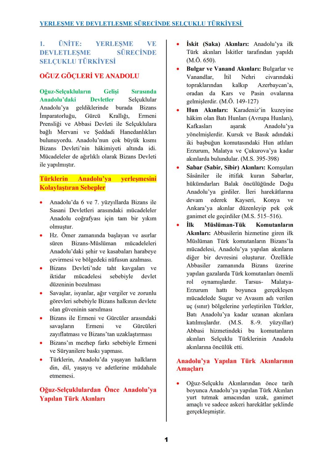 YERLEŞME VE DEVLETLEŞME SÜRECİNDE SELÇUKLU TÜRKİYESİ
1.
ÜNİTE: YERLEŞME
DEVLETLEŞME
SELÇUKLU TÜRKİYESİ
VE
SÜRECİNDE
OĞUZ GÖÇLERİ VE ANADOLU