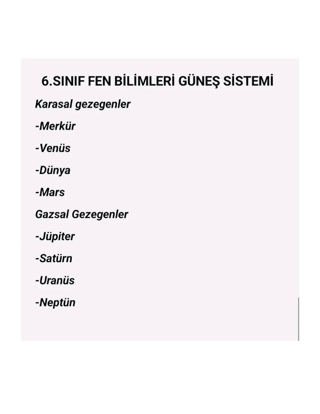 6. Sınıf fen bilimleri güneş sistemi