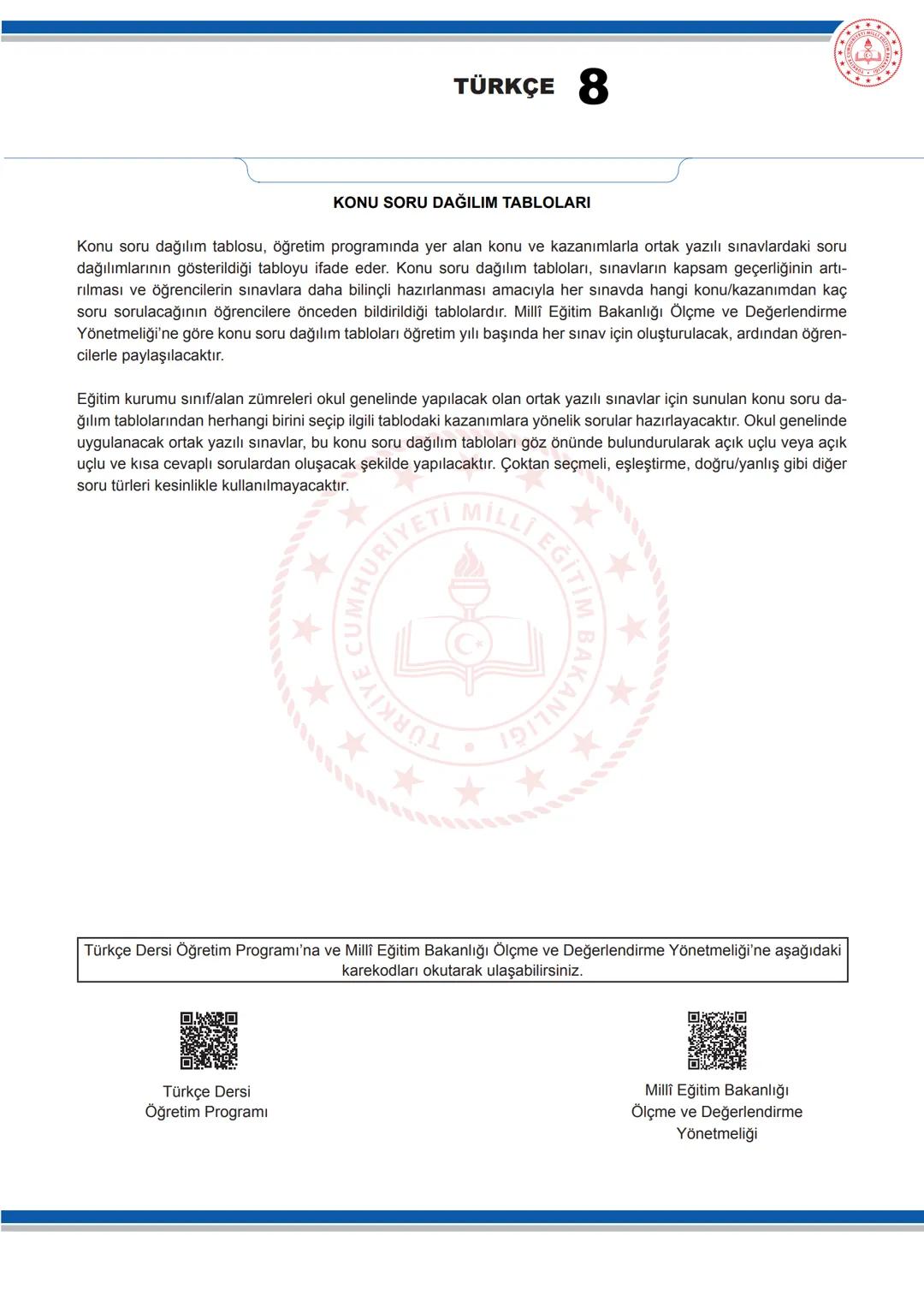 TÜRKÇE 8
KONU SORU DAĞILIM TABLOLARI
Konu soru dağılım tablosu, öğretim programında yer alan konu ve kazanımlarla ortak yazılı sınavlardaki