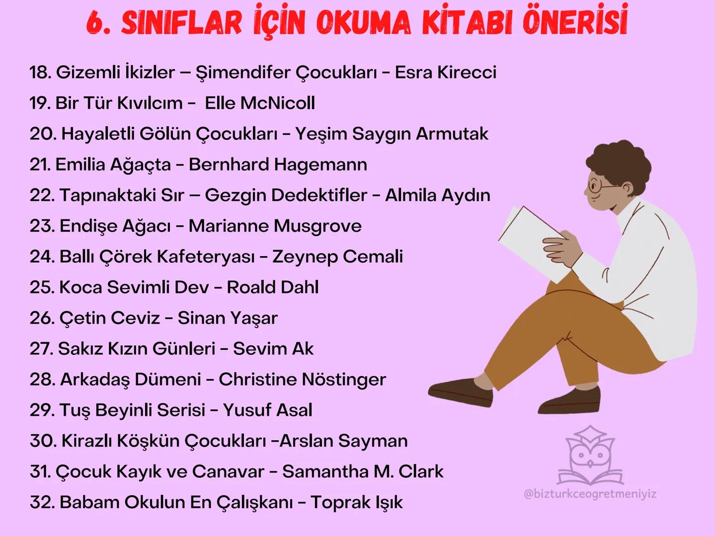# 6. SINIFLAR İÇİN OKUMA
# KİTABI ÖNERİLERİ
@bizturkceogretmeniyiz # 6. SINIFLAR İÇİN OKUMA KİTABI ÖNERİSİ
1. Sisin Sakladıkları – Miyase