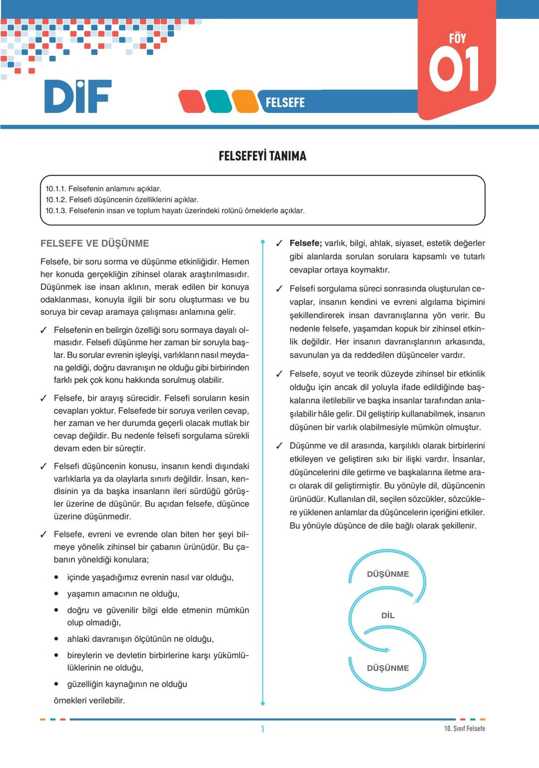 DİF
FELSEFE
FELSEFEYİ TANIMA
10.1.1. Felsefenin anlamını açıklar.
10.1.2. Felsefi düşüncenin özelliklerini açıklar.
10.1.3. Felsefenin insan