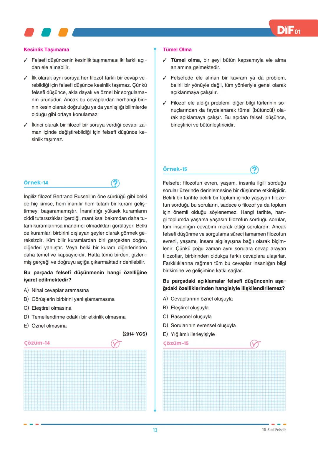 DİF
FELSEFE
FELSEFEYİ TANIMA
10.1.1. Felsefenin anlamını açıklar.
10.1.2. Felsefi düşüncenin özelliklerini açıklar.
10.1.3. Felsefenin insan