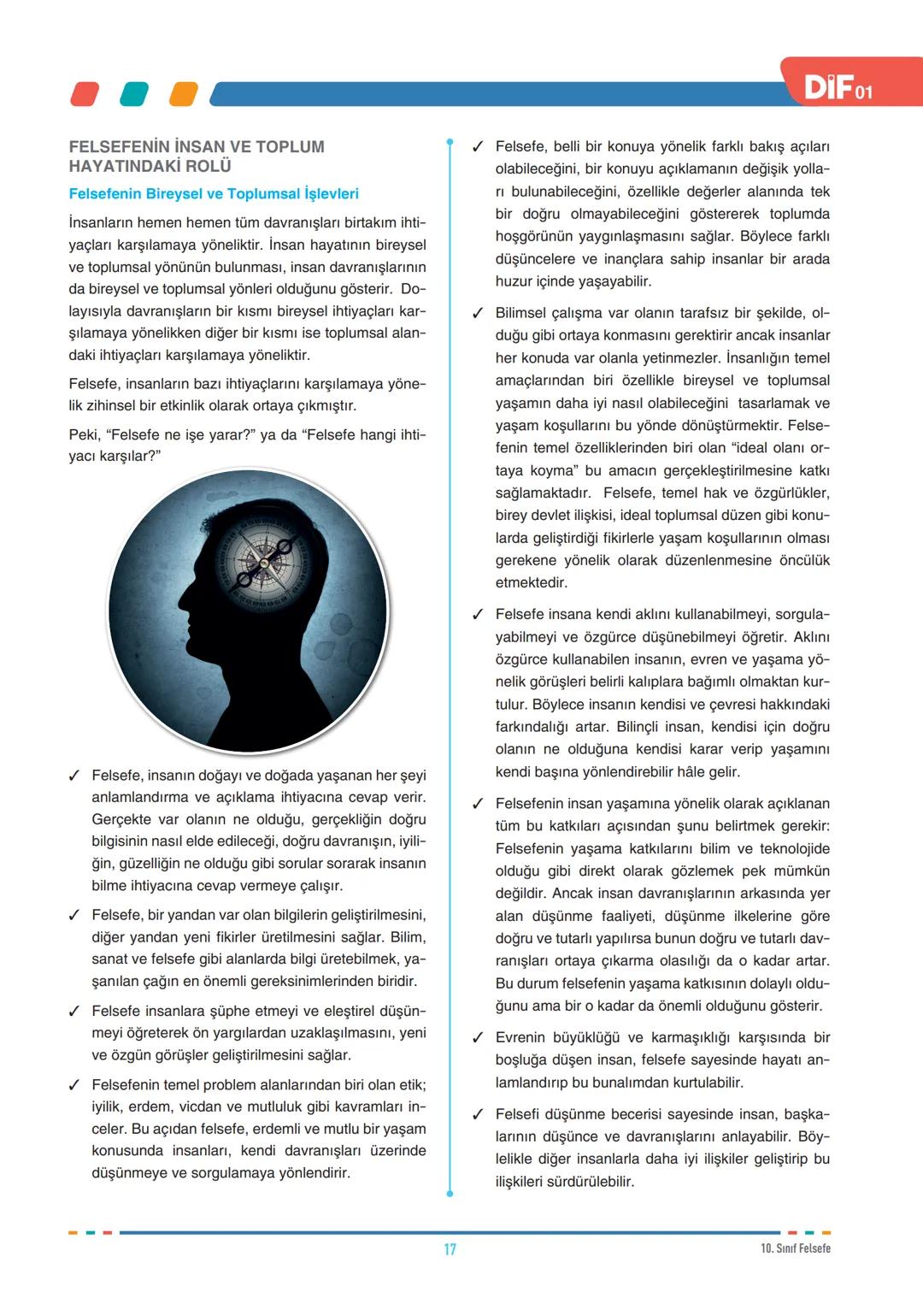 DİF
FELSEFE
FELSEFEYİ TANIMA
10.1.1. Felsefenin anlamını açıklar.
10.1.2. Felsefi düşüncenin özelliklerini açıklar.
10.1.3. Felsefenin insan