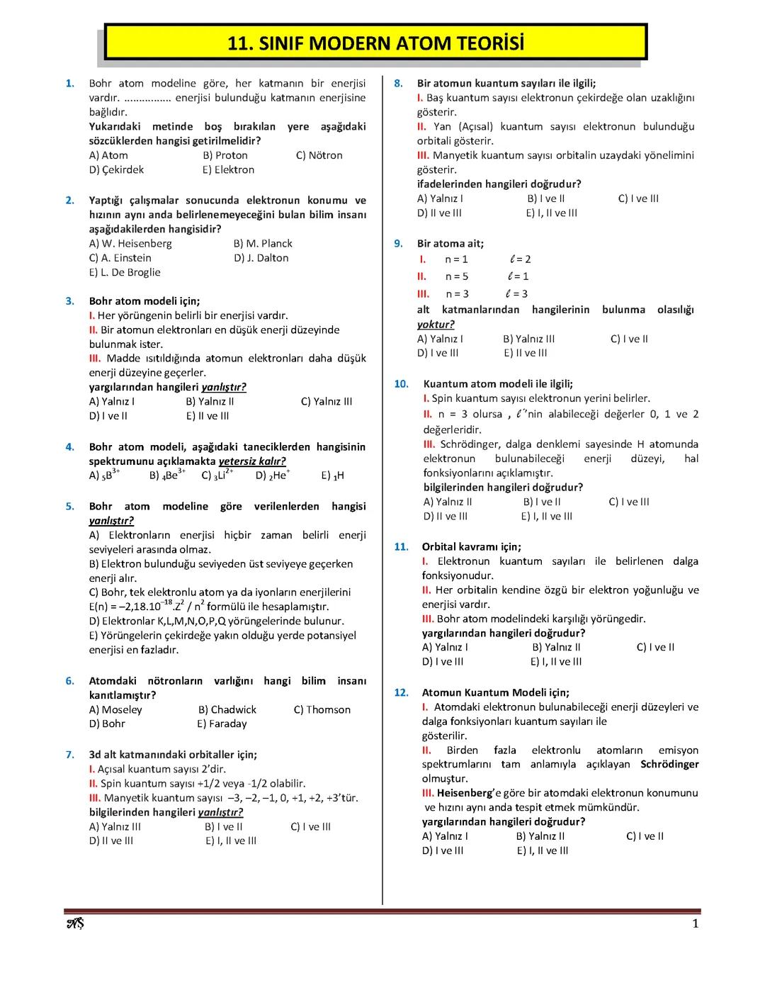 Kimya Modern Atom Teorisi Test