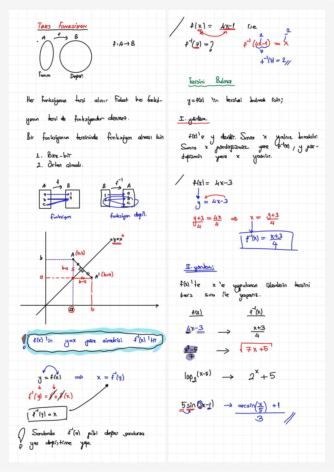 TERS FONKSİYON
+, B
00
Tonim
Deper.
+1x1 = 4x-1
F:A→B
+"(3)-?
Tersini
Bulma
Гје
Λα
2
'(4x-1)
7
2
+(7)=211
Her fonksiyonun tersi alınır fabou