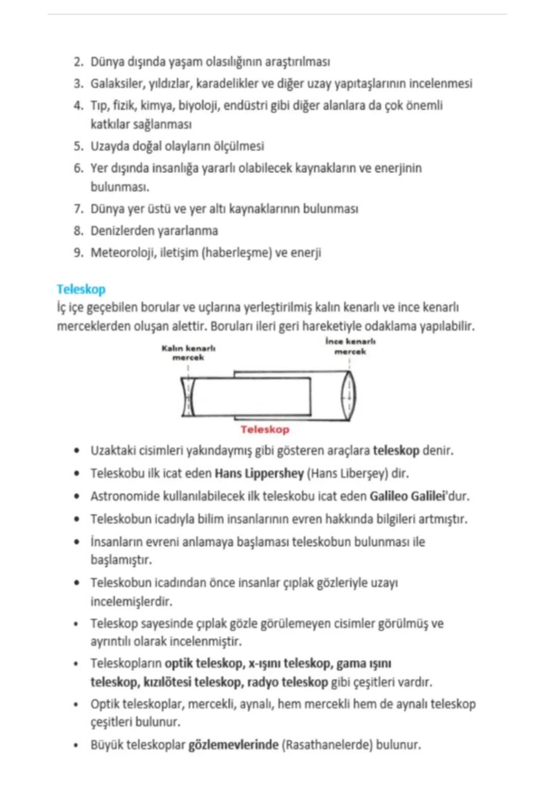 # 1.ÜNİTE GÜNEŞ SİSTEMİ VE ÖTESİ
## A- Uzay Teknolojileri
17. yüzyılda teleskobun icadı ile uzay araştırmaları hız kazanmıştır.
Uzay araşt