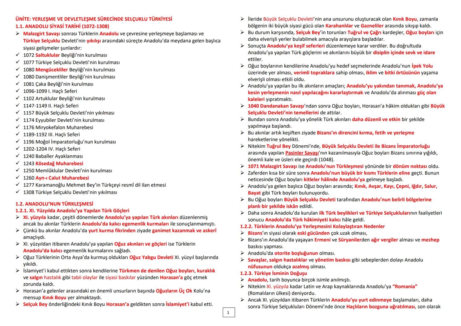 ÜNİTE: YERLEŞME VE DEVLETLEŞME SÜRECİNDE SELÇUKLU TÜRKİYESİ
1.1. ANADOLU SİYASİ TARİHİ (1072-1308)
➤ Malazgirt Savaşı sonrası Türklerin Anad