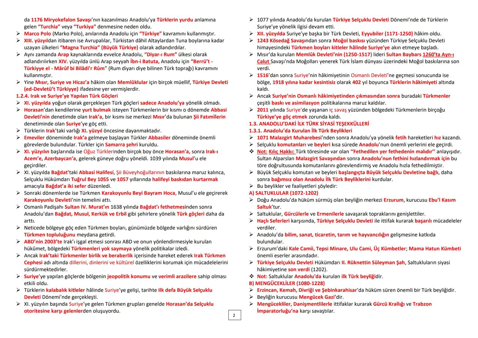 ÜNİTE: YERLEŞME VE DEVLETLEŞME SÜRECİNDE SELÇUKLU TÜRKİYESİ
1.1. ANADOLU SİYASİ TARİHİ (1072-1308)
➤ Malazgirt Savaşı sonrası Türklerin Anad
