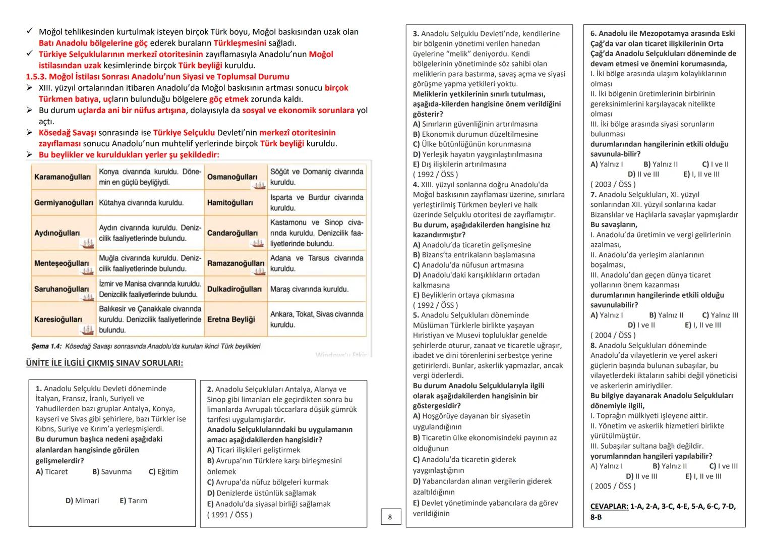 ÜNİTE: YERLEŞME VE DEVLETLEŞME SÜRECİNDE SELÇUKLU TÜRKİYESİ
1.1. ANADOLU SİYASİ TARİHİ (1072-1308)
➤ Malazgirt Savaşı sonrası Türklerin Anad