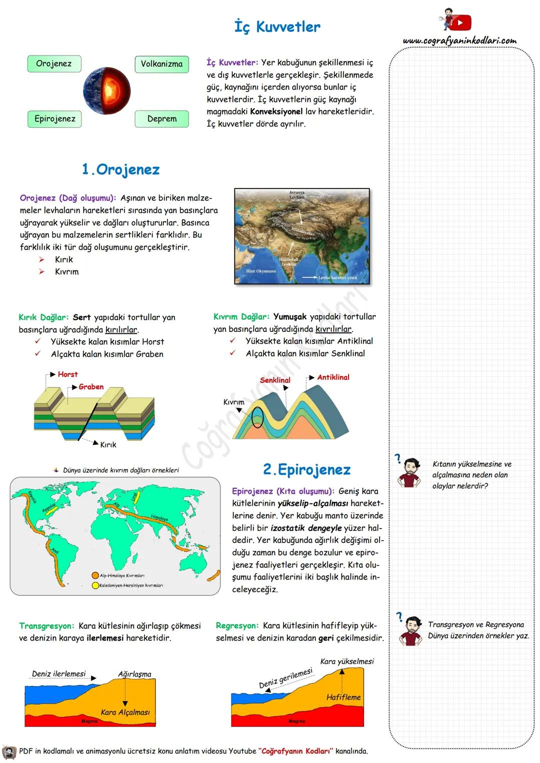 # İç Kuvvetler
Orojenez
Volkanizma
Epirojenez
Deprem
İç Kuvvetler: Yer kabuğunun şekillenmesi iç
ve dış kuvvetlerle gerçekleşir. Şekill