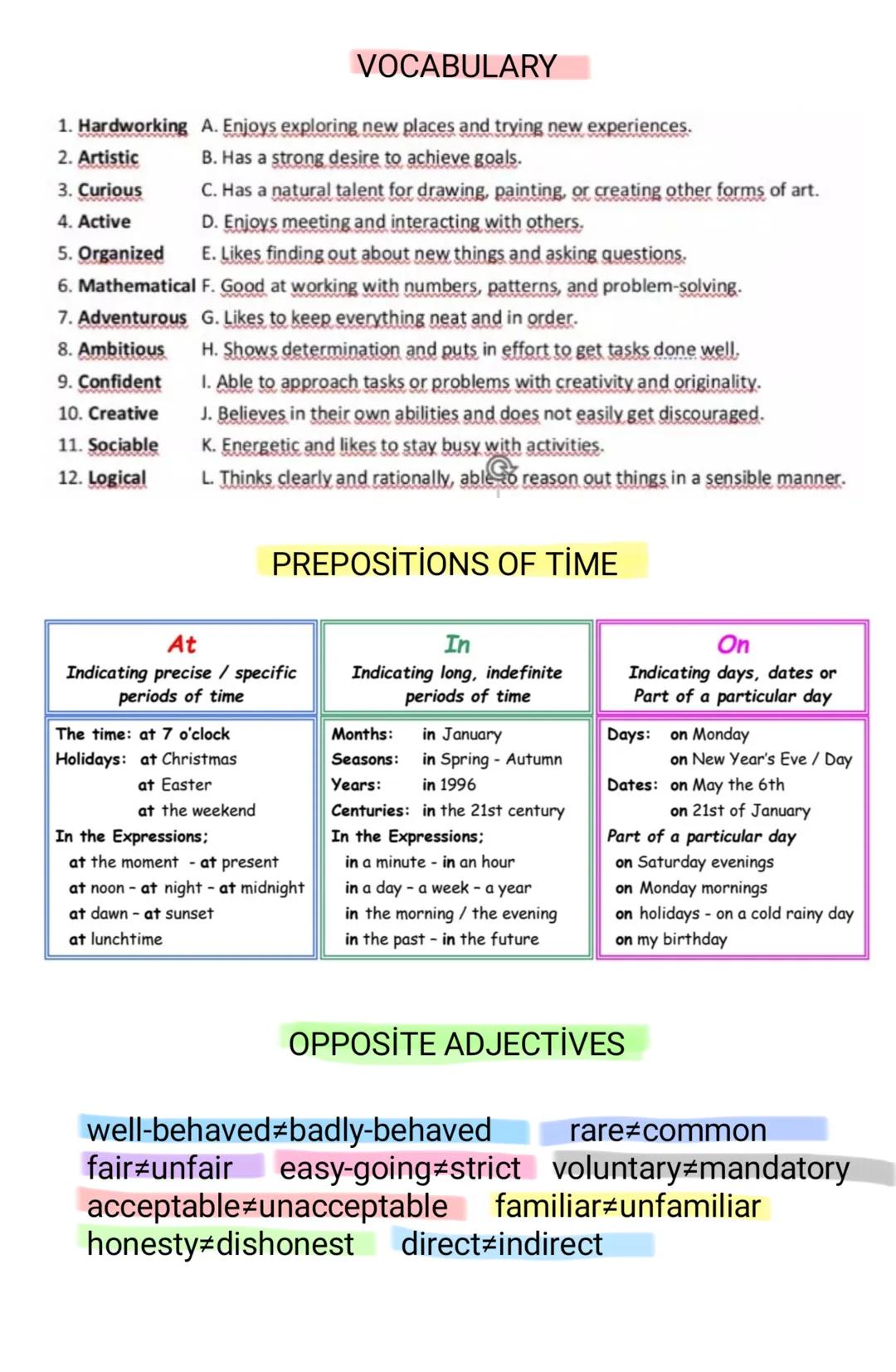 # VOCABULARY
1. Hardworking A. Enjoys exploring new places and trying new experiences.
2. Artistic B. Has a strong desire to achieve goals.