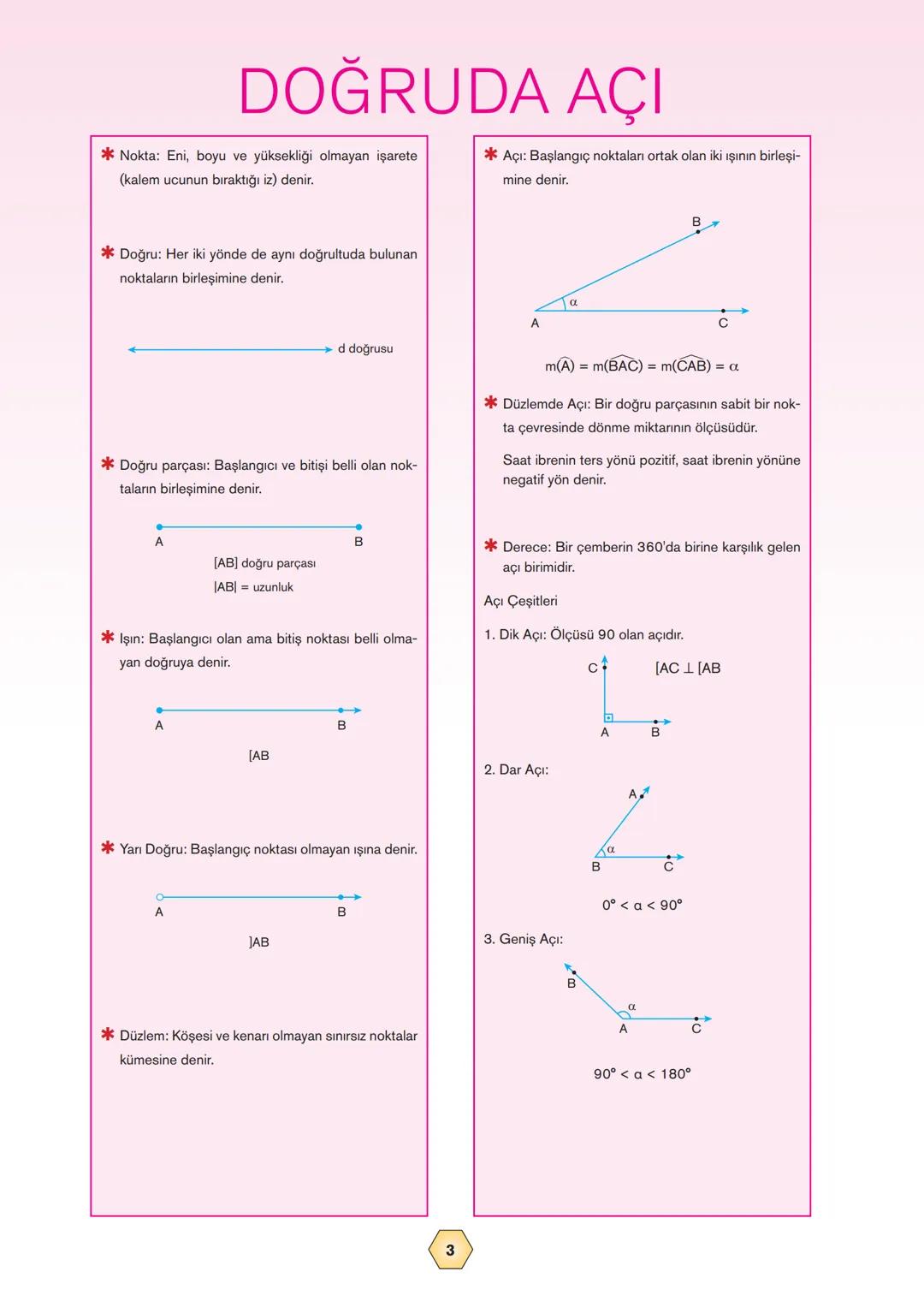 DOĞRUDA AÇI
Nokta: Eni, boyu ve yüksekliği olmayan işarete
(kalem ucunun bıraktığı iz) denir.
Açı: Başlangıç noktaları ortak olan iki işının